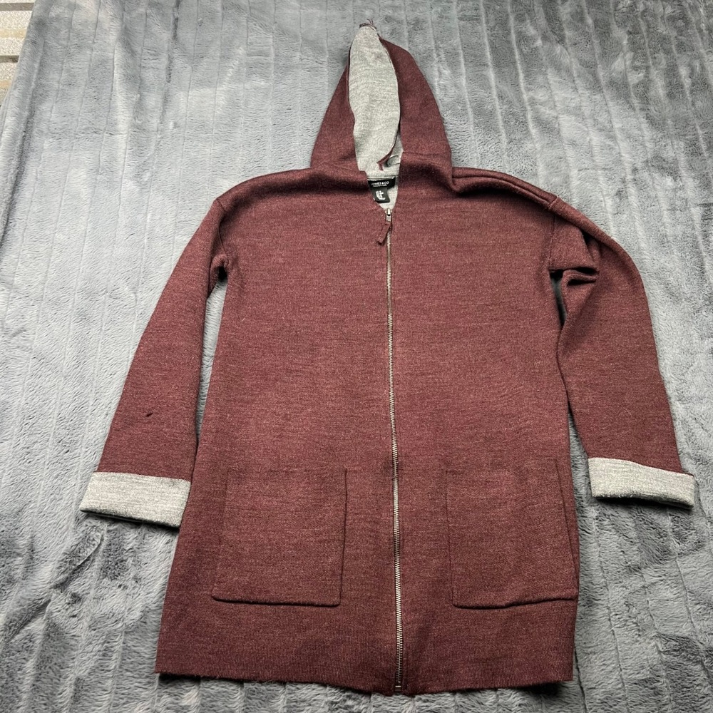 Jones & Co Jones New York Merino Wool Blend Zip Hooded Cardigan Sweater Burgundy